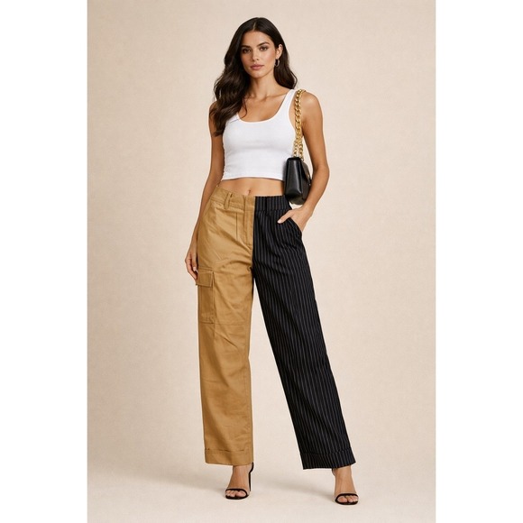 Choosy Pants - Choosy Two Tone Split Leg Cargo Pinstripe Trousers Tan Black Size 2 Streetwear